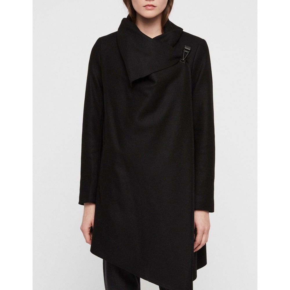 AllSaints Monument Eve Coat Black Wool Blend Asymmetric Wrap Jacket US 4 WO162R